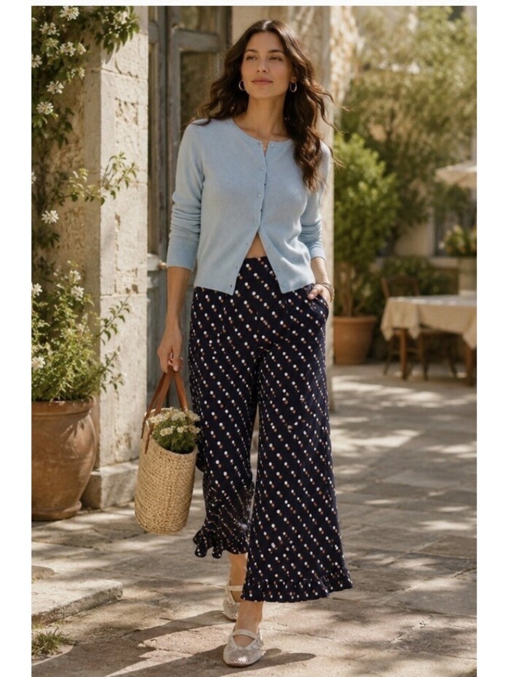 Anthropologie Maeve Colette Magic Fabric Ruffle Hem Crop Wide Leg Pants 33 Blue